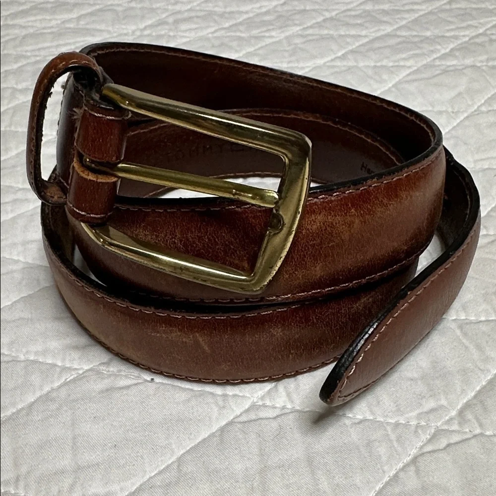Tommy Hilfiger Brown Leather Belt Men’s 35-37 Brass Tone buckle Work Casual